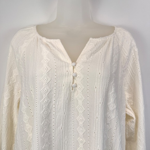 FRYE Cream Textured Boho Peasant Blouse Womens Medium Puff Sleeve - Picture 2 of 9
